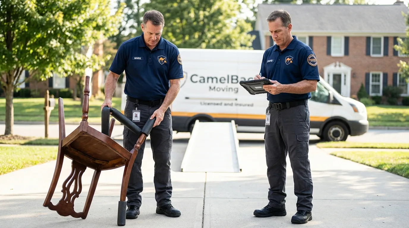 Movers inspecting furniture for damage prevention before loading in Pembroke, VA