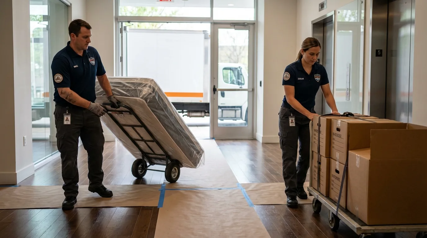 Professional apartment movers loading elevator in Pembroke, VA